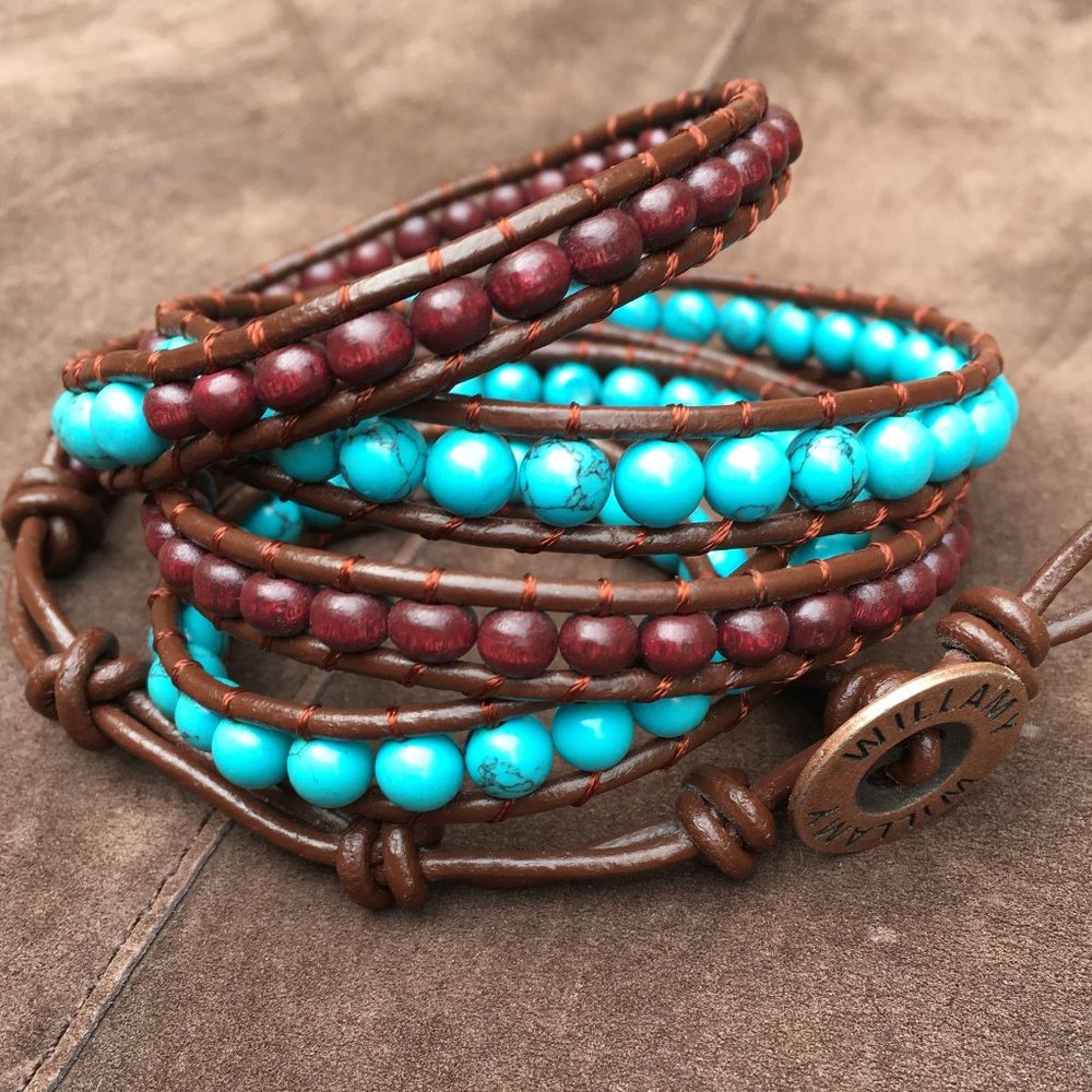 Western Glass Turquoise/Wooden Beads Wrap Bracelet